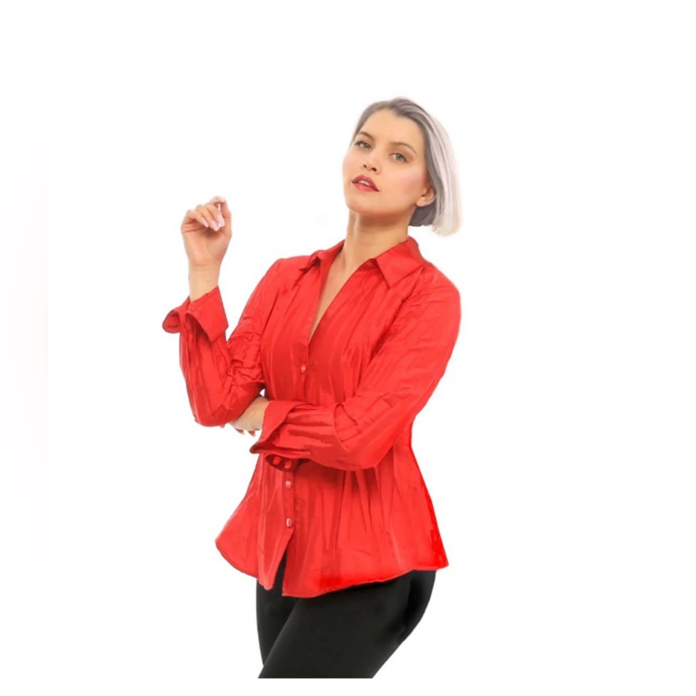 Elegant Beluva Red pleated Button-Down Shirt. Washable.Size Medium. NWT. - Picture 2 of 5